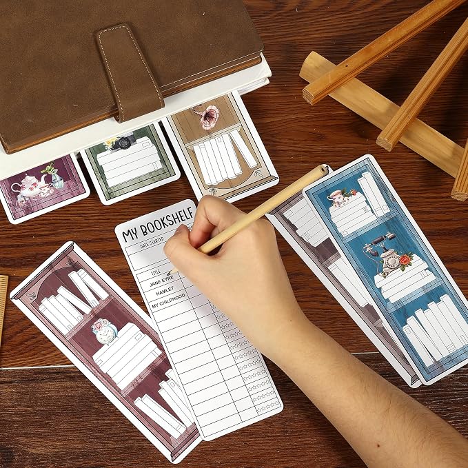 100 Pieces Reading List Bookmarks Book Tracker Bookmarks Bookshelf Design Library Card Bookmark Reading Log Bookmark Double-Sided Reading Page Markers for Book Lovers Women Students School Supplies