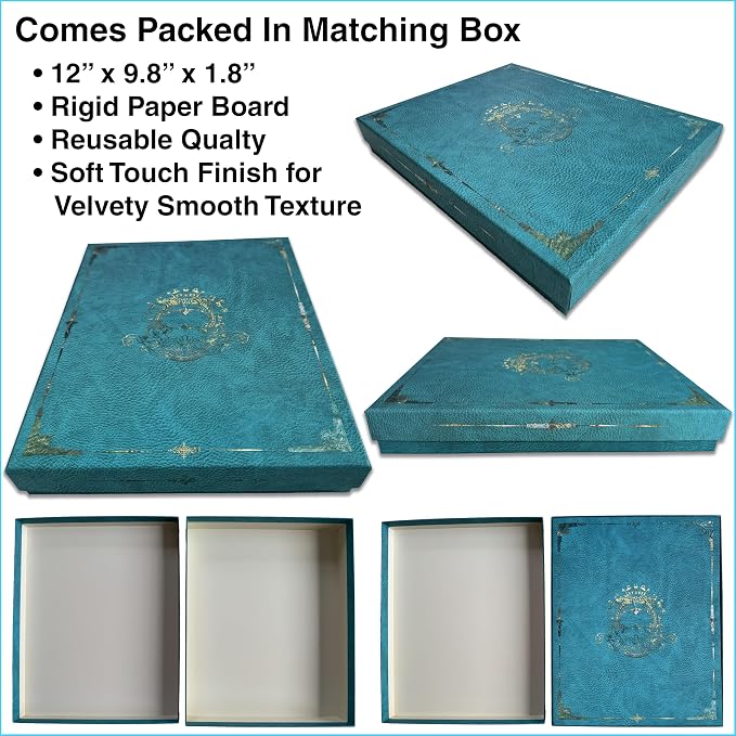 12 Pack Decorative File Folders in Matching Resuable Rigid Box, Gold Ornate Design On Blue Leather, Letter Size 9.2x11.7 Inch Colored Filing Folders, Full Color Outside & On Pockets with Beige Lining