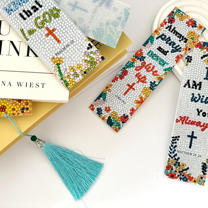 12Pcs Christian Bible Verse Diamond Art Bookmark for Adults Flower Cross 5d Diamond Painting Bookmarks with Tassel for DIY Making Kit for Reading Lover Book Lover DIY Crafts Religious Gift