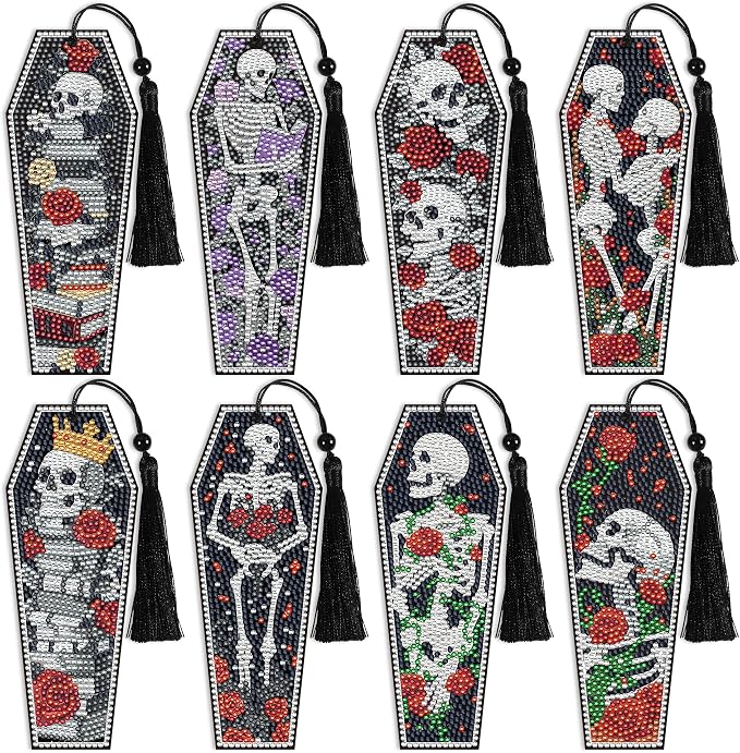 8 Pcs Gothic Skeleton Diamond Art Bookmarks Kit, Skull Halloween Diamond Painting Bookmarks with Tassels for Adults, DIY Horror Book Mark Craft Set for Women Men Reading Lovers