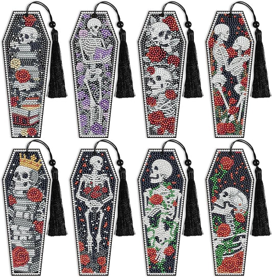8 Pcs Gothic Skeleton Diamond Art Bookmarks Kit, Skull Halloween Diamond Painting Bookmarks with Tassels for Adults, DIY Horror Book Mark Craft Set for Women Men Reading Lovers