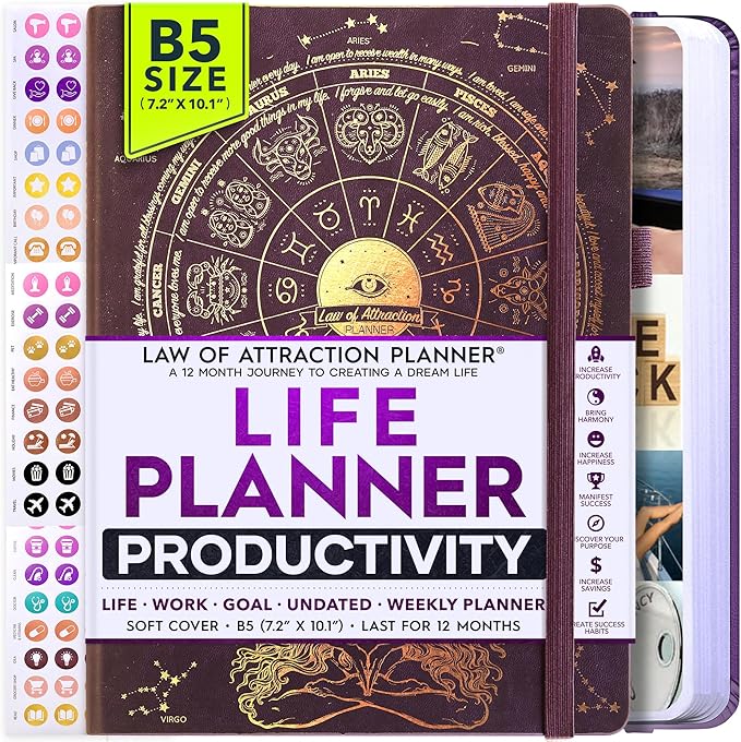 Deluxe Weekly and Monthly Planner | Law of Attraction Planner with Productivity App | 12-Month for Productivity, Gratitude & Goal Setting | Includes Foldable Vision Board, Gift Box & Stickers