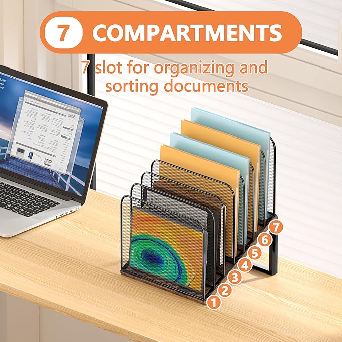 Piskyet Wooden Desk File Organizer, 7-Section Vertical File Folder Holder Stand,Metal Mail Paper Chromebook Organizer for Teacher Desk Office Classroom Desktop Organization（Inclined）