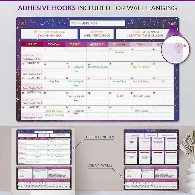 Magnetic Whiteboard for Fridge - Large Dry Erase Calendar for Wall | 2 Magnetic Dry Erase Board 10.5" x 16.5" & 7" x 16.5", Monthly Goal Setting & Habit Tracker, 5 Markers and 6 Adhesive Hooks