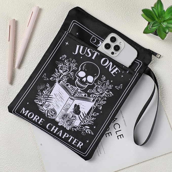 Gothic Book Sleeve Gift - Just One More Chapter Skeleton Black Tarot Card Zipper Books Covers with Front Pocket Washable Book Protector Bookish Reader Book Lovers Gifts for Books Paperbacks