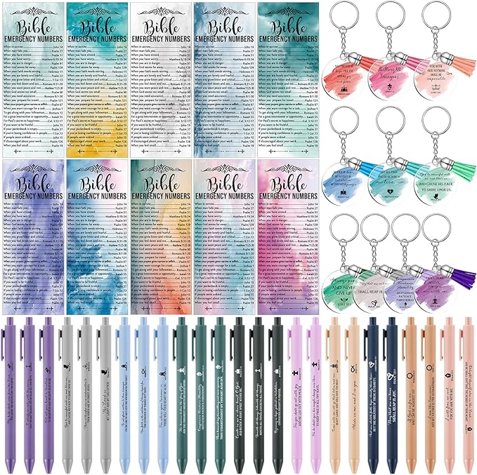 Feifeiya 25 Sets Mother's Day Christian Gifts Bulk Bible Verse Emergency Numbers Bookmarks Christian Pens Religious Keychain Church Welcome Gifts for Women(Ballpoint Pens)