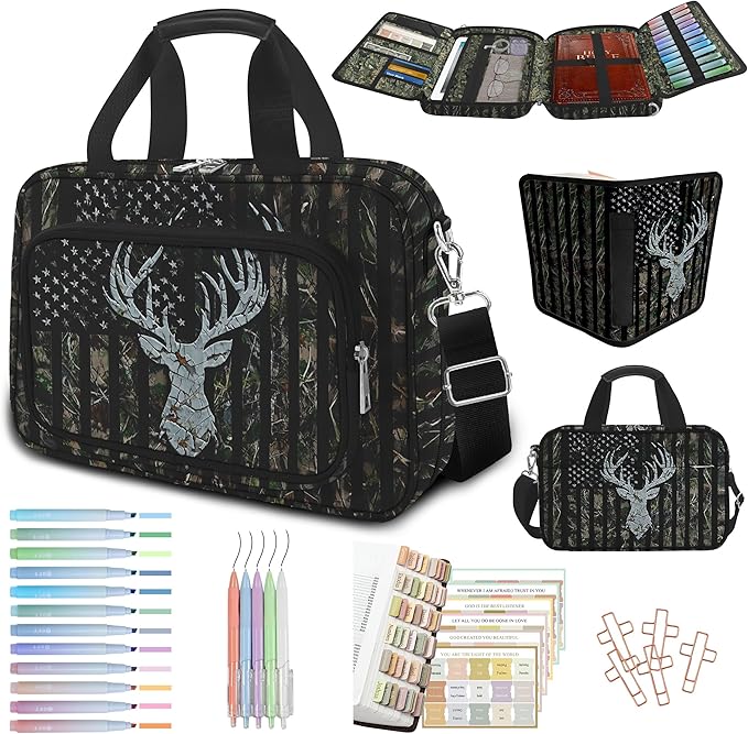 Camo Bible Case Covers, Large Bible Tote Bag Book Cover Study Supplies with Shoulder Strap Handle Zippered Pocket for Men Women (American Flag Deer)