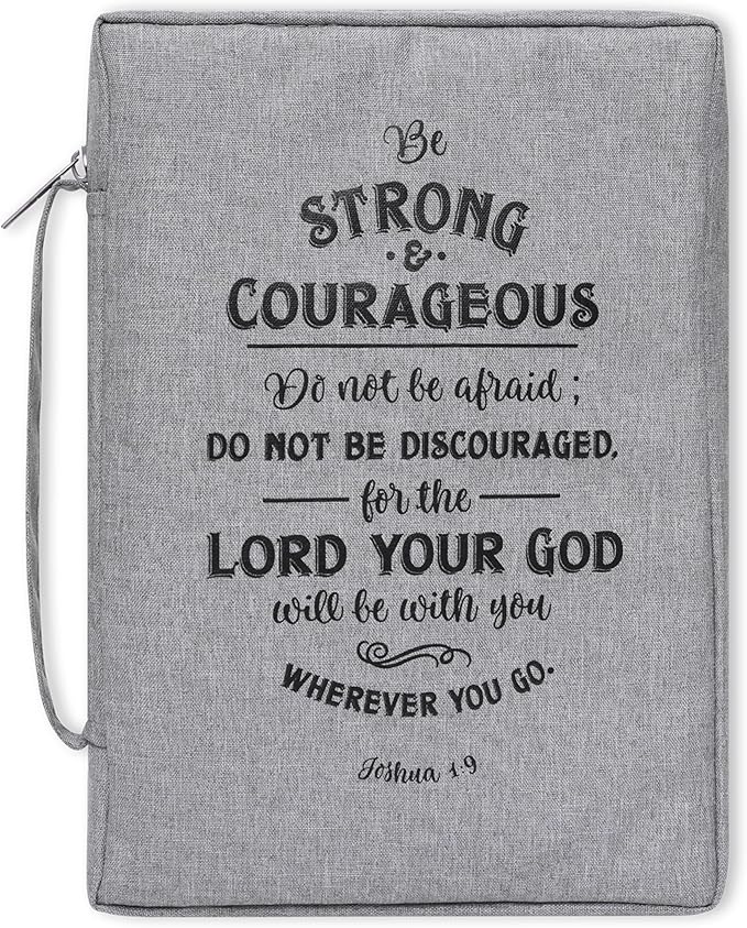 Christian Art Gifts Men/Women's Bible Cover Strong & Couragrous Joshua 1:9, Gray Canvas, Large