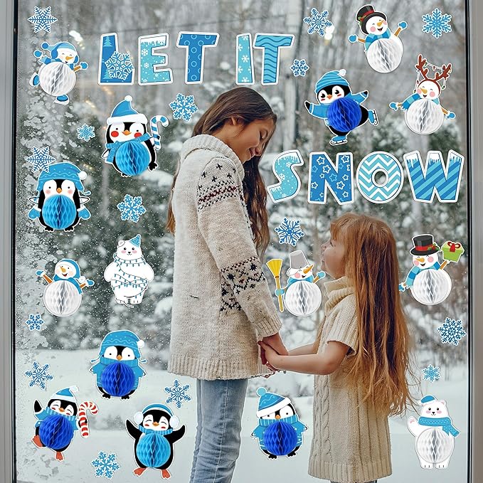 Naozinebi 53PCS 3D Winter Honeycomb Bulletin Board Snowflake Penguin Bulletin Board Set Christmas Party Supply Snowman Bulletin Board Let it Snow Paper Cutouts with School Classroom Wall Decor