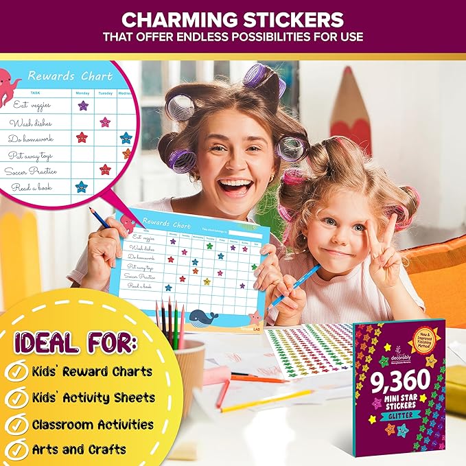 Decorably 9,360 Vibrant Small Star Stickers for Kids Reward - 45 Sheets with 5 Designs for Charts & Worksheets, Classroom Activities, Positive Reinforcement, Arts & Crafts, Scrapbooking, Gift