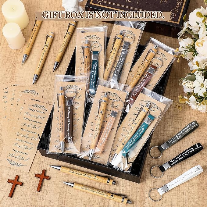 Gueevin 10 Sets Christian Party Favors Gift Bulk Church Father's Day Sunday School Teacher Graduation Bible Verse Bamboo Pen Prayer Religious Bookmarks Scripture Silicone Keychain (Inspirational)