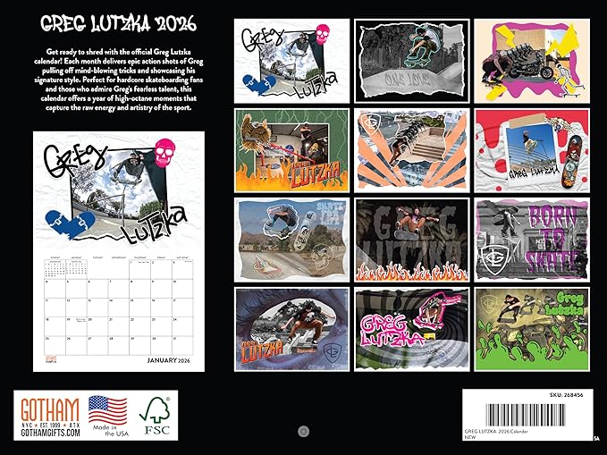 Greg Lutzka Skateboard Calendar 2026 Monthly Wall Calender 12 Month | American Made In The USA