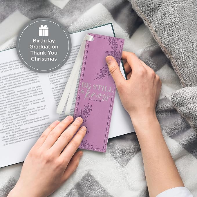 Christian Art Gifts Purple Faux Leather Purple Floral Bookmark for Women: Be Still and Know - Psalm 46:10 Inspirational Bible Verse, Heat-Debossed & Silver Foil Accents with Silky White Satin Ribbon