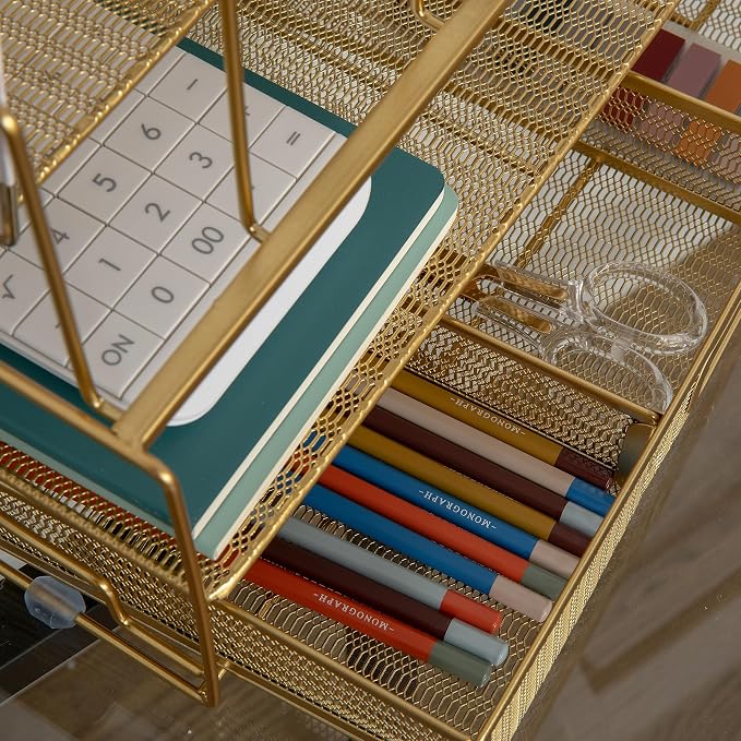 Martha Stewart Ryder Gold Mesh Metal Large Desktop Organizer With Paper File Letter Holder Organizer and Drawer