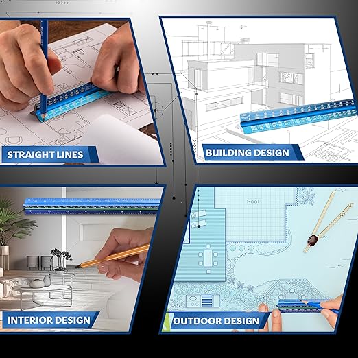 12" Aluminum Architect Scale Ruler Laser Etched Triangle Drafting Ruler, Color Coded Grooves for Blueprint, Drafting and Drawing, Architectural Scale Ruler for Blueprints (Light Blue, Metric Units)