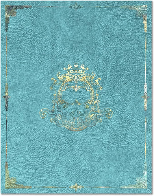 12 Pack Decorative File Folders in Matching Resuable Rigid Box, Gold Ornate Design On Blue Leather, Letter Size 9.2x11.7 Inch Colored Filing Folders, Full Color Outside & On Pockets with Beige Lining