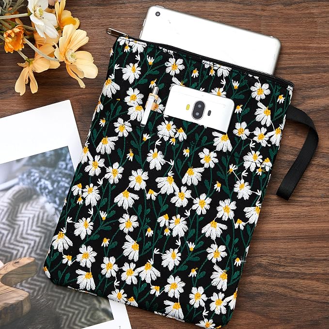 12''x9'' Daisy Embroidered Book Sleeve with Cotton Lining with Handle and Zipper Book Protector for Paperback and Hardcover, Christmas Ideal Gift Book Sleeve Pouch for Book Lovers(Black)