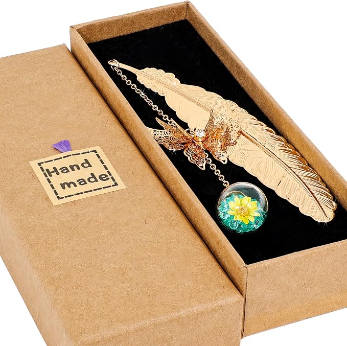 Teacher Retirement Gifts - Metal Feather Bookmark with 3D Butterfly & Real Dried Flower Pendant - Bookmark for Women & Book Lovers Under 10 Dollars - Gift Box Included