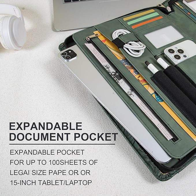 AZXCG Leather Portfolio with Zipper,Embossed PU Leather Padfolio Folio,Professional Business Document Organizer with A4 Letter Sized,Writing Pad Holder,Gifts for Women/Men (Dark Green, Custom)