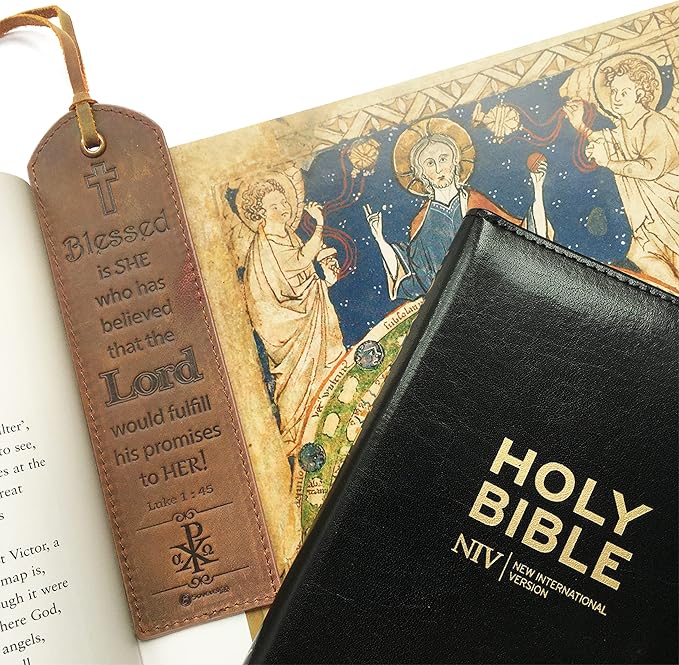 Leather Bible Bookmarks - 2 Leather Christian Bookmarks with Inspirational Bible Verse | Luke 1: 45 Blessed is She | Perfect Religious Book Marker Gifts for Men, Women, Readers and Friends