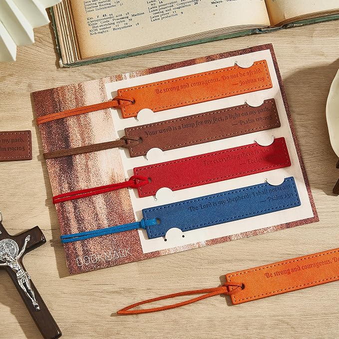 4PCS Bible Verse Bookmarks, Leather Christian Bookmark with Inspirational Scripture, Religious Gifts for Men, Bible Study Accessories