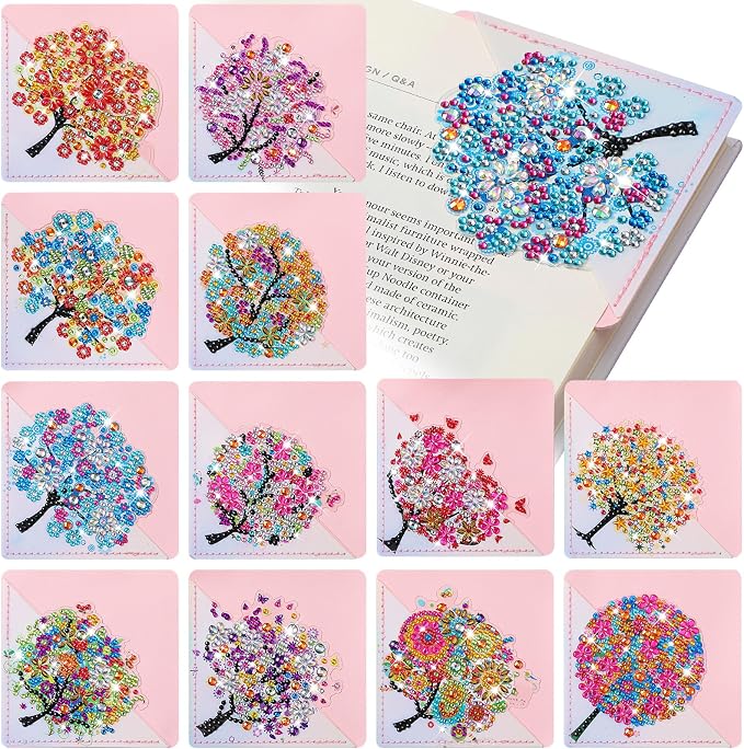 Ireer 12 Pcs 5D Diamond Painting Corner Bookmark Rhinestone PU Leather Diamond Painting Bookmark Triangle Art Bookmarks for Home Office Beginner Adults Birthday Mother Gift(Tree Style)