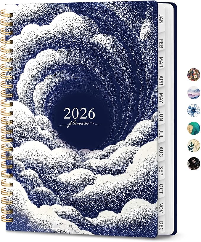 2026 Planner, Weekly and Monthly Planner for Women, January 2026 - December 2026, Hardcover 2026 Calendar Planner Book with Tabs, Inner Pocket, Spiral Bound, Perfect for Office Home School Supplies - A5 (6.3" x 8.5"), Cloud Vortex
