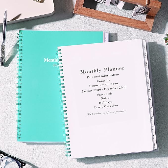 2026-2030 Monthly Planner/Calendar - Jan 2026 - Dec 2030, 5 Year Monthly Planner 2026-2030 with Tabs & Celebrity Quotes, 9" x 11", Famous Quote, Two-Side Pocket, Suitable for Long-Term Planning, Green