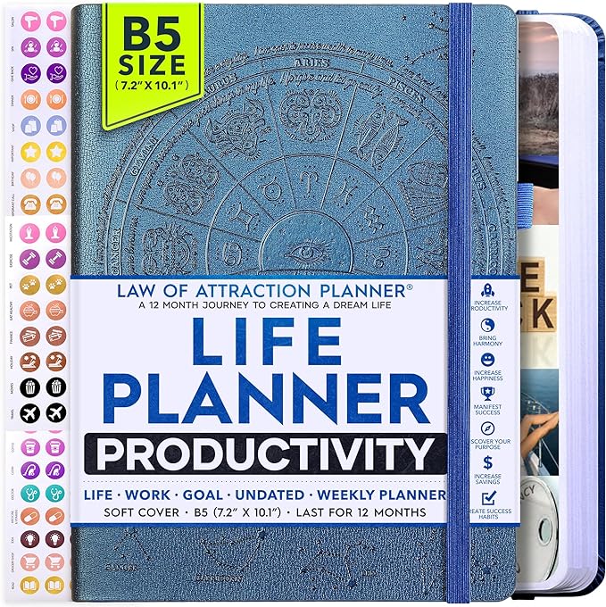 Deluxe Weekly and Monthly Planner | Law of Attraction Planner with Productivity App | 12-Month for Productivity, Gratitude & Goal Setting | Includes Foldable Vision Board, Gift Box & Stickers