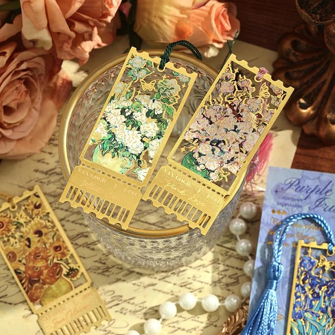 4 Pieces Metal Bookmarks with Tassel, Golden Hollow Bookmark Monet Oil Painting Theme Book Mark Bookmarks for Book Lovers Writers Readers Children Teens for Women Teen Adults
