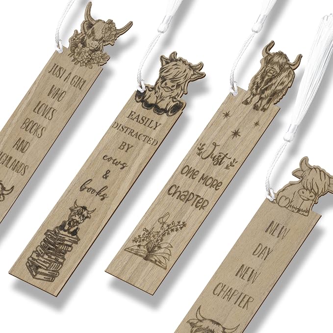TICIAGA Wooden Highland Cow Bookmarks - 4PCS Walnut Brown Cow Bookmarks Bulk with Tassel for Book Lovers, Farm Animal Wooden Carving Book Mark Xmas Gift for Reading Girls, Teacher Appreciation Gifts