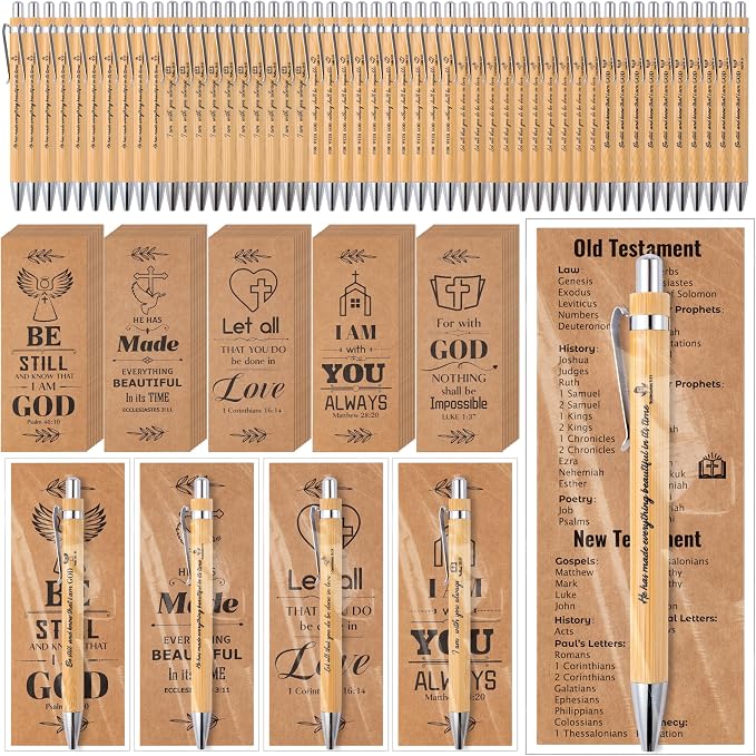 Haooryx Christian Bible Pen Bookmark - 50-Piece Christian Bible Verse Bamboo Inspirational Pen Scripture Biblical Bookmark Set Sunday School Church Religious Multi-Item Party Favor Packs Gifts Bulk