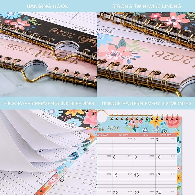 Calendar 2026-2027 - Wall Calendar 2026-2027 with 18 Months, Jul. 2026 - Dec. 2027, Wall Calendar with Twin-Wire Binding + 11" x 8.5" + Hanging Hook + Ruled Blocks with Julian Dates - Black Floral