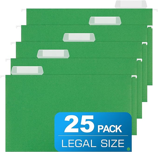 Legal Size Hanging File Folders,25 Packs Legal Hanging File Folders,Green Legal Size Hanging Folders,9.2'' × 14.8'',Hanging Folders for Filing Cabinet,1/5 Adjustable Tabs for Office,School,Home