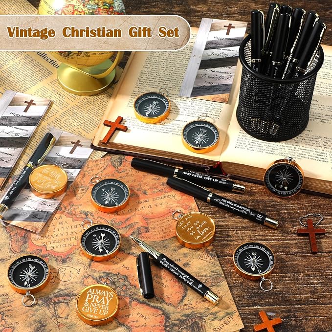 Spakon 30 Sets Father's Day Christian Gifts for Men Bible Verse Compass Pen Religious Bookmark Inspirational Church Gifts for Pastor Appreciation Day Grandpa Men Christmas (Classic)