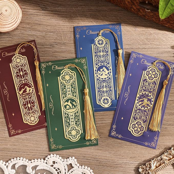 4 Pieces Metal Bookmarks with Tassel Big Size, Golden Vintage Aesthetics Scenery Mountain Theme Book Mark, Bookmark for Women Book Lovers Gift Writers Readers Teens Men