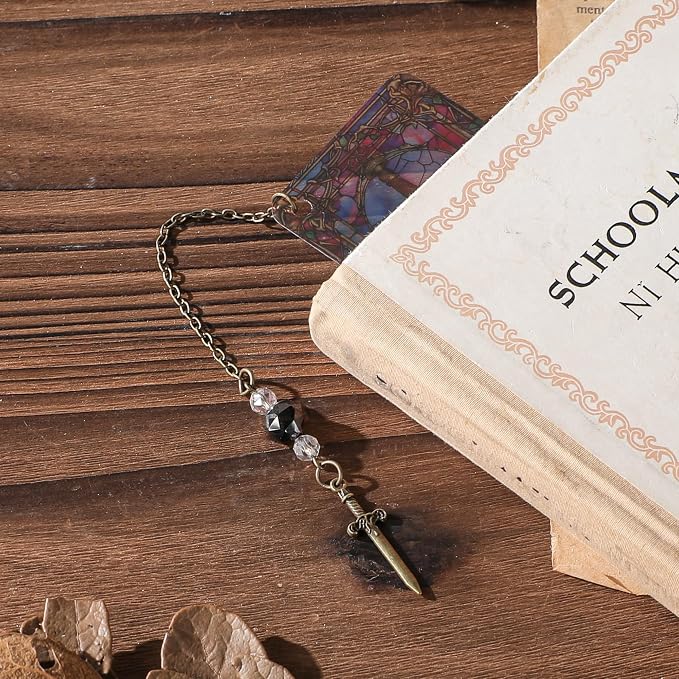 Fantasy Sword Bookmark Gifts - 4 Pcs Unique Stained Glass Bookmarks for Women Men Book Lovers Tassels Beaded Page Marks with Flower Reading Accessories Bookish Gift for Birthday Back to School