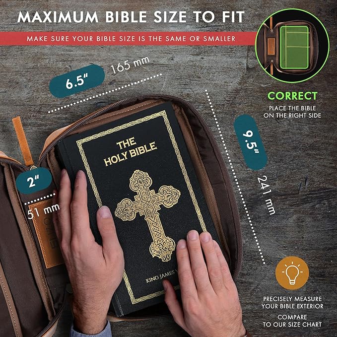 ELIZO Leather Bible Cover for Men Bible Case Women Holder Carrying Organizer Wrap Sleeve Protector Christian Religious Gift Cross Bookmark – Standard Cognac
