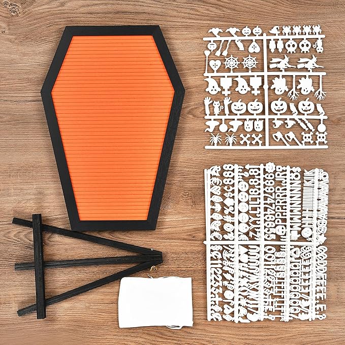 Coffin Letter Board - 520 Characters Spooky Halloween Characters with Wooden Stand and Canvas Bag - 16x11 Inches - Felt Message Board for Home Office Halloween Supplies & Decor (Orange)