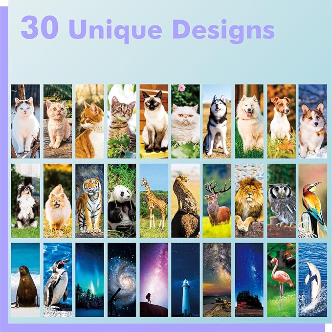 120 PCS Animal Bookmarks, 30 Designs Double-Sided Printing Paper Bookmarks with PET Film, Cat/Dog/Galaxy/Wild Animals for Kids, Students, Adults, Book Lovers (2.4” x 6.1”)