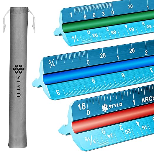 12" Aluminum Architect Scale Ruler Laser Etched Triangle Drafting Ruler, Color Coded Grooves for Blueprint, Drafting and Drawing, Architectural Scale Ruler for Blueprints (Light Blue, Imperial Units)