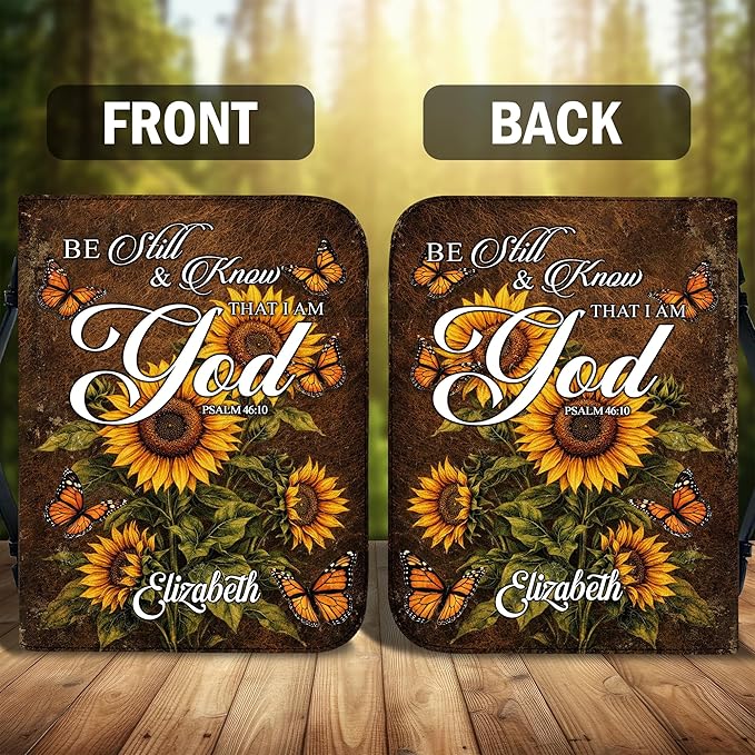 Custom Leather Bible Cover with Name – Personalized Bible Case for Women Zippered with Handle, Bookmark & Storage Pockets, Christian Gift for Mom, Daughter, Grandma (Be Still & Know, M-2XL)