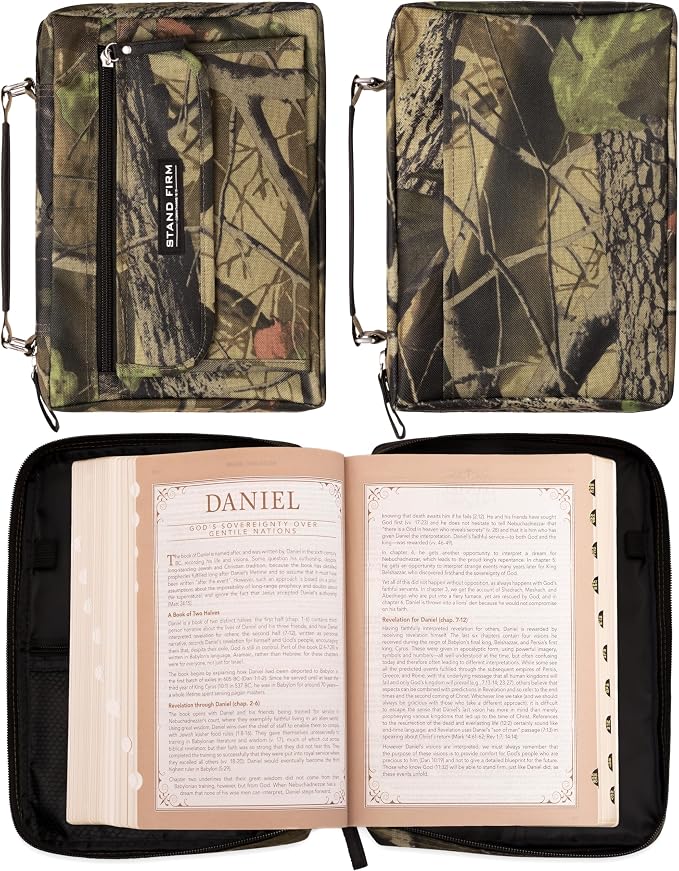 Christian Art Gifts Stand Firm Oak Moss Camo Poly-Canvas Organizer Bible Cover - 1 Corinthians 16:13, Large
