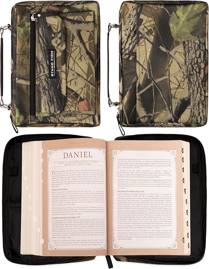 Christian Art Gifts Stand Firm Oak Moss Camo Poly-Canvas Organizer Bible Cover - 1 Corinthians 16:13, Large