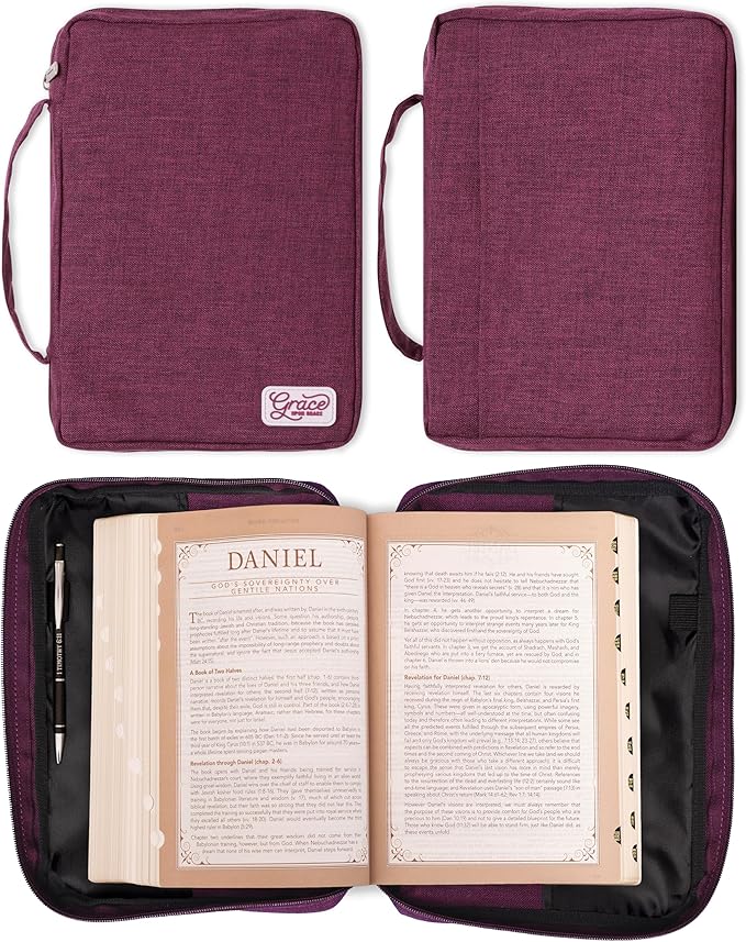 Christian Art Gifts Value Poly-Canvas Bible Cover Case for Women: Grace Upon Grace - John 1:16 Inspirational Scripture w/White Rubber Badge, Pocket, Pen Loops to Organize Accessories, Plum, Medium