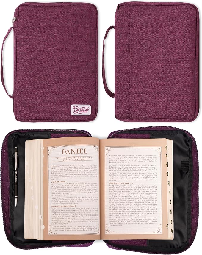 Christian Art Gifts Value Poly-Canvas Bible Cover Case for Women: Grace Upon Grace - John 1:16 Inspirational Scripture w/White Rubber Badge, Pocket, Pen Loops to Organize Accessories, Plum, Medium