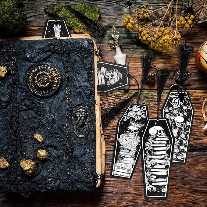Kolldenn 120 Pcs 12 Styles Halloween Gothic Skeleton Coffin Bookmarks Double Sided Book Tracker Skull Horror Bookmark Gothic Book Marker with Black Tassels for Reading Lovers Gifts Accessories