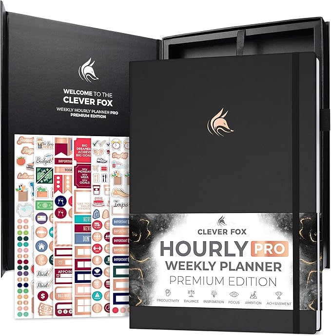 Clever Fox Hourly Planner PRO Premium – Undated Schedule Planner with Daily Time Slots – Personal Organizer Notebook for Time Management – Weekly & Monthly Life Journal, A4 Size (Black)