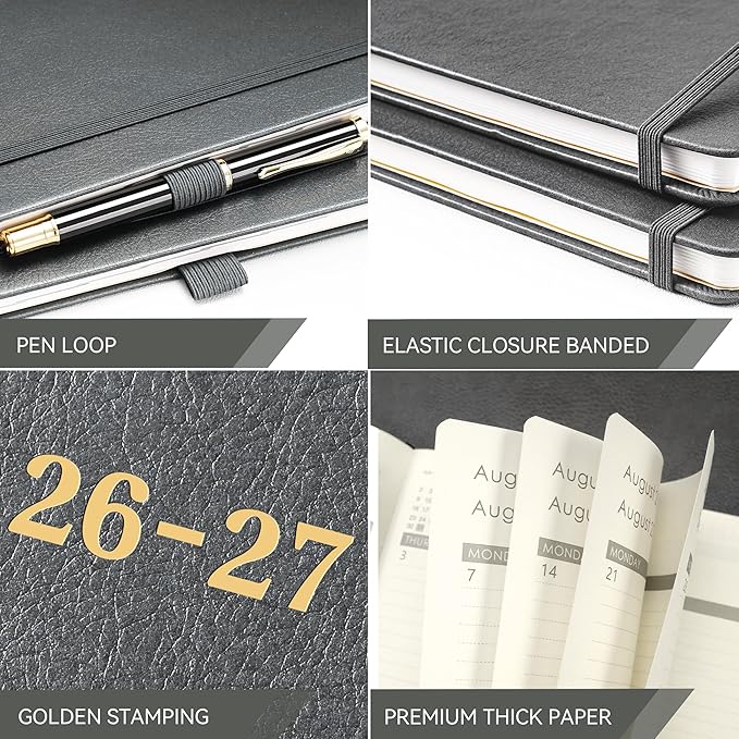 2026-2027 Planner - Weekly and Monthly Planner 2026-2027, Jul. 2026 - Jun. 2027, 9" x 11", 26-27 Calendar Planner with Inner Pocket + Elastic Closure + Pen Loop + Bookmarks, Leather Hardcover - Grey