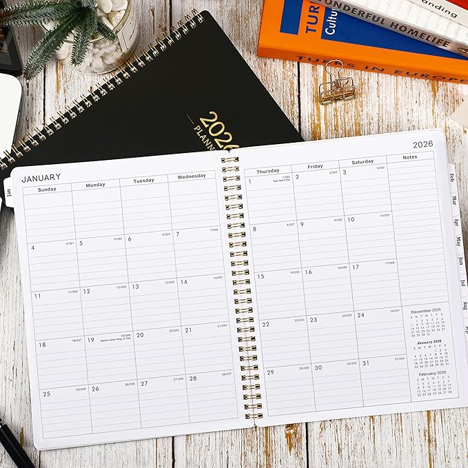 2026 Planner - Calendar/Planner 2026 Weekly and Monthly with Tabs, 8" x 10", Jan. 2026 - Dec. 2026, Flexible Cover + Twin-Wire Binding + Calendars, Daily Organizer - Black